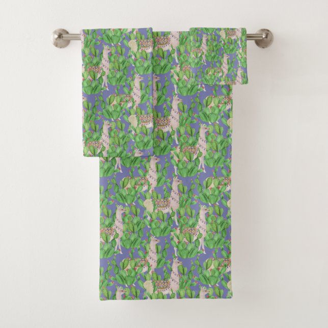 Watercolor Llama & Catus Pattern Bath Towel Set (Insitu)