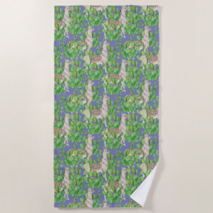 Watercolor Llama & Catus Pattern Beach Towel