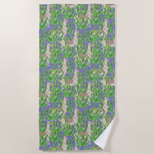 Watercolor Llama & Catus Pattern Beach Towel (Front)
