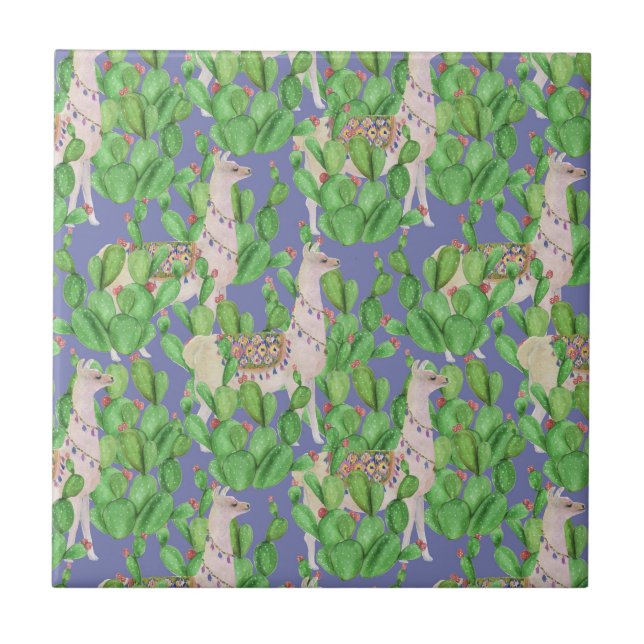 Watercolor Llama & Catus Pattern Ceramic Tile (Front)