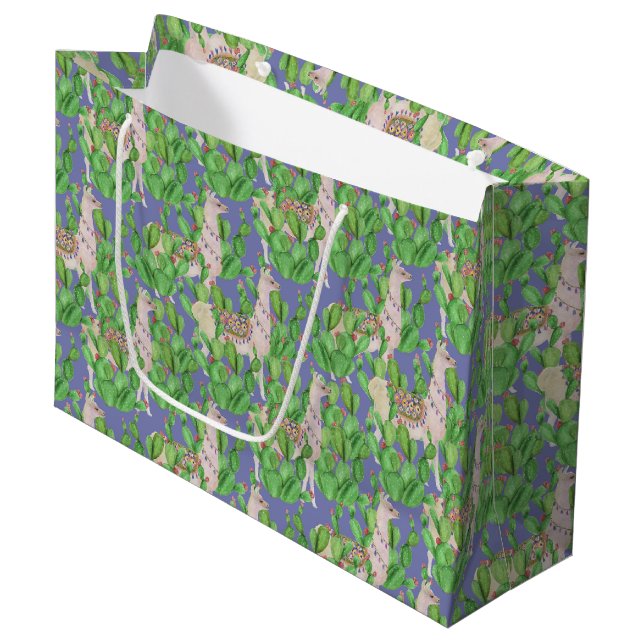 Watercolor Llama & Catus Pattern Large Gift Bag (Front Angled)