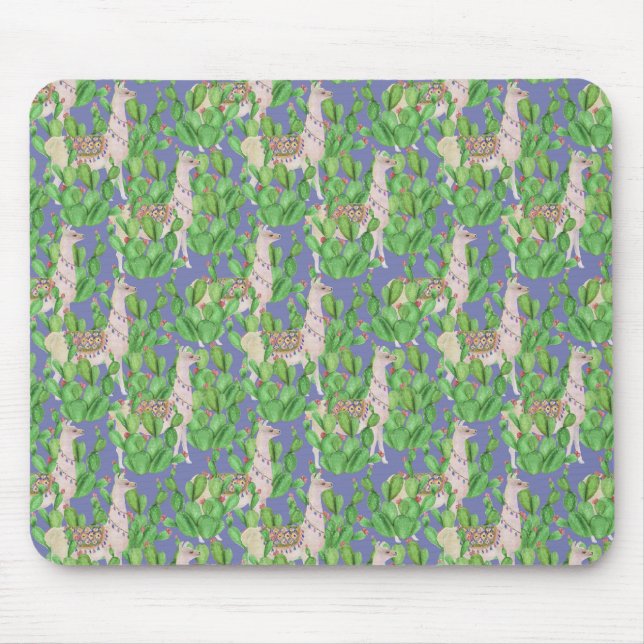 Watercolor Llama & Catus Pattern Mouse Pad (Front)