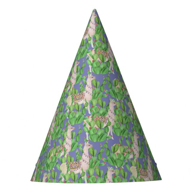 Watercolor Llama & Catus Pattern Party Hat (Front)