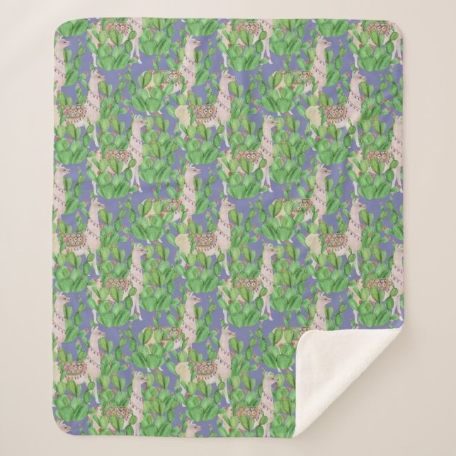 Watercolor Llama & Catus Pattern Sherpa Blanket (Front)