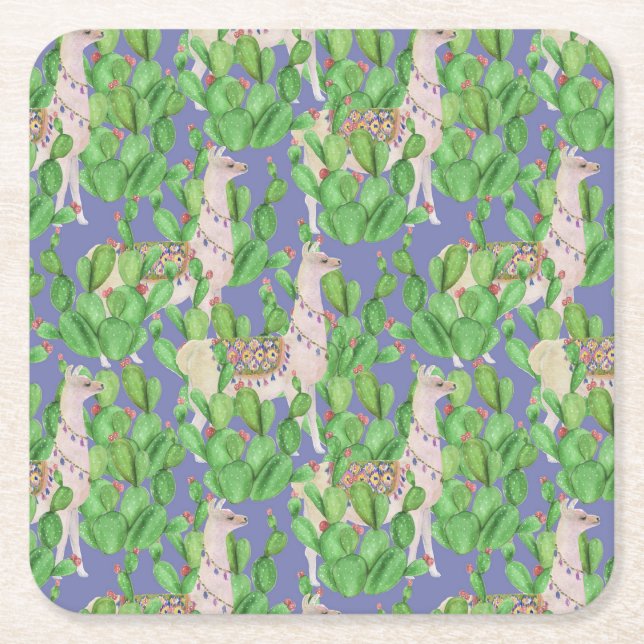 Watercolor Llama & Catus Pattern Square Paper Coaster (Front)