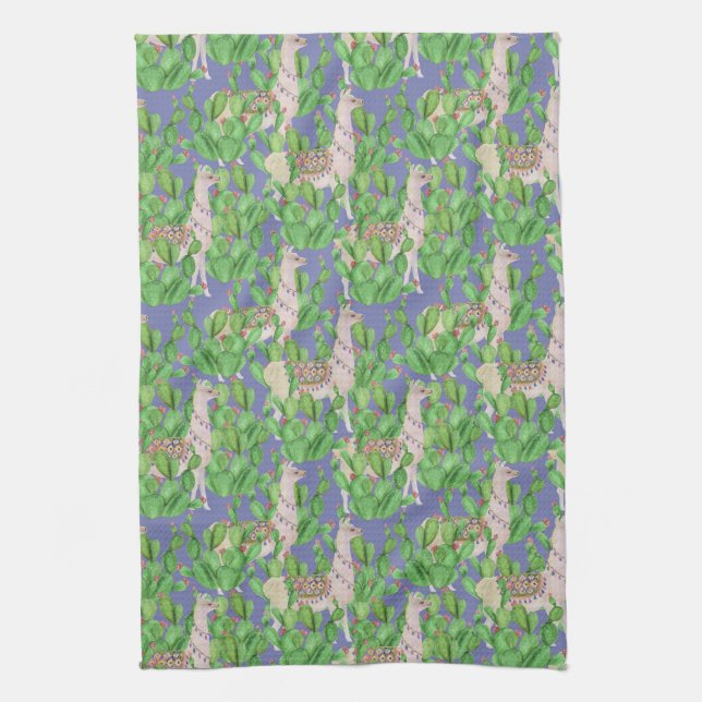 Watercolor Llama & Catus Pattern Tea Towel (Vertical)