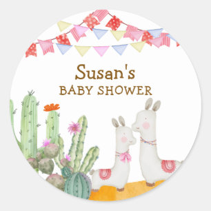 Watercolor Llama Desert Cactus Fiesta Baby Shower Classic Round Sticker