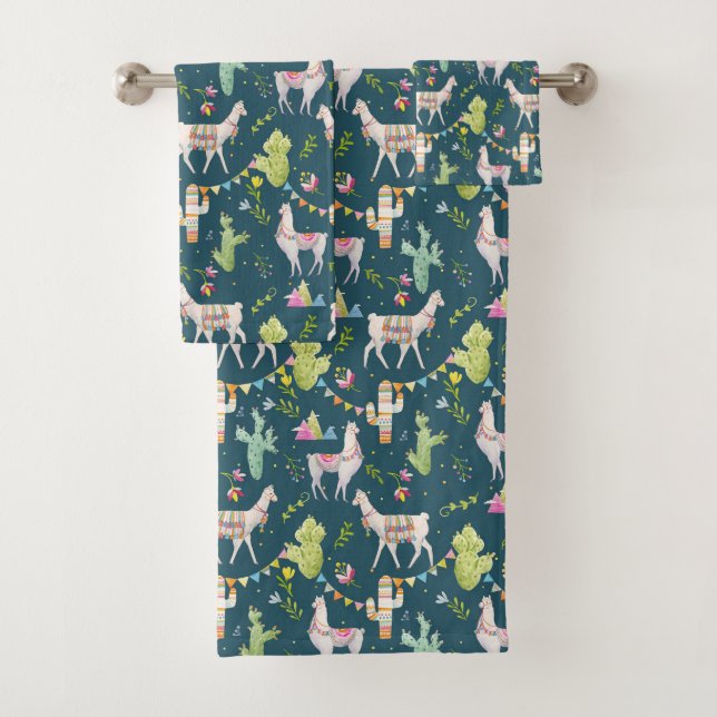 Watercolor Llama Flag Pattern Bath Towel Set (Insitu)
