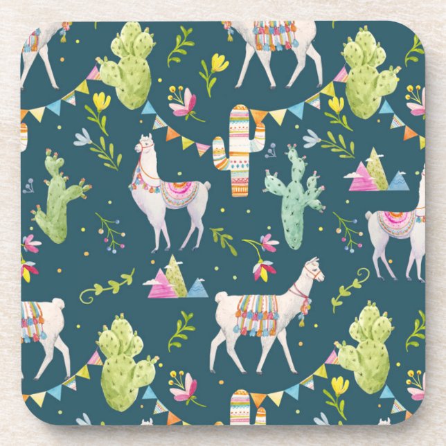 Watercolor Llama Flag Pattern Coaster (Front)