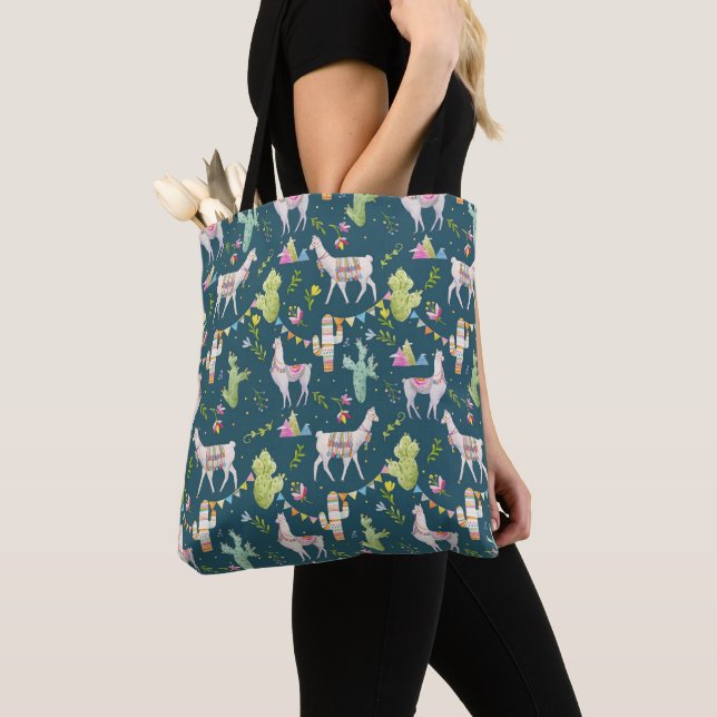Watercolor Llama Flag Pattern Tote Bag (Close Up)