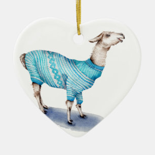 Watercolor Llama in Blue Sweater Ceramic Ornament