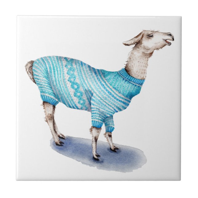 Watercolor Llama in Blue Sweater Ceramic Tile (Front)