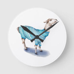 Watercolor Llama in Blue Sweater Round Clock
