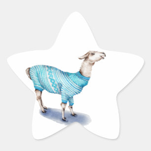 Watercolor Llama in Blue Sweater Star Sticker