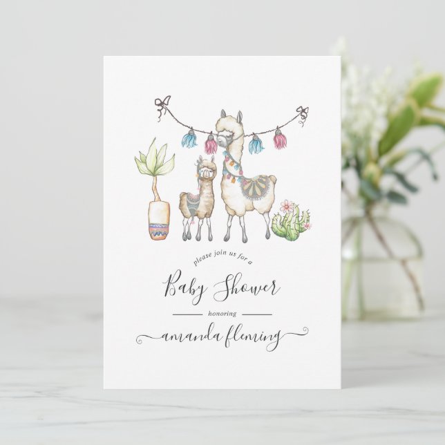 Watercolor Llama themed Baby Shower Invitation (Standing Front)