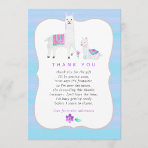 Watercolor Llama themed Baby Shower Thank You Card