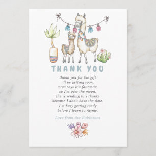 Watercolor Llama themed Baby Shower Thank You Card