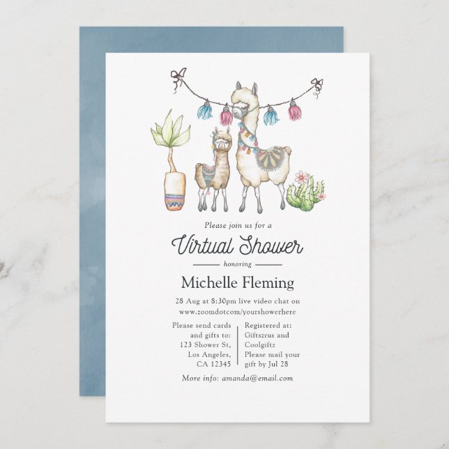 Watercolor Llama themed Virtual Baby Shower Invitation (Front/Back)