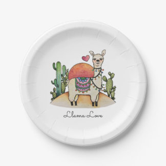 Watercolor Llama With Cactus Paper Plate