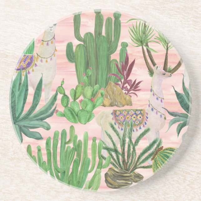 Watercolor llamas and cacti pattern. coaster (Front)