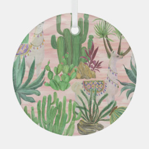 Watercolor llamas and cacti pattern. glass tree decoration