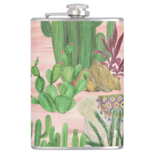 Watercolor llamas and cacti pattern. hip flask