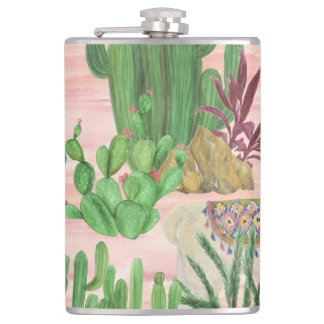 Watercolor llamas and cacti pattern. hip flask