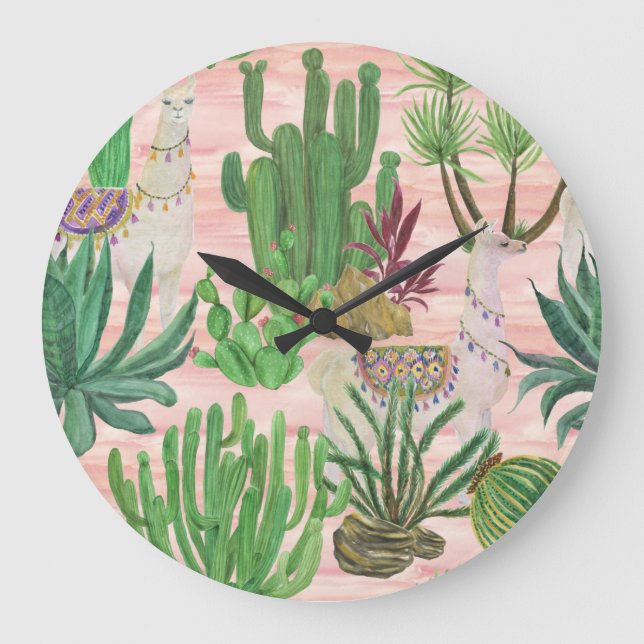 Watercolor llamas and cacti pattern. large clock (Front)