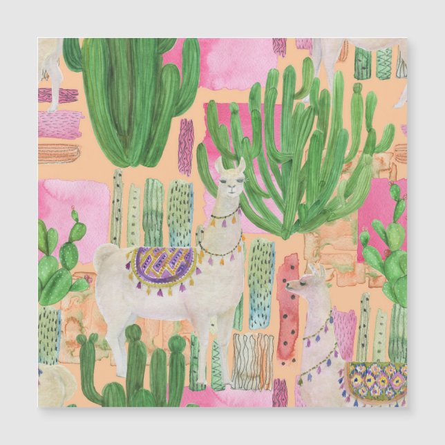 Watercolor llamas, cacti: seamless pattern. (Front)