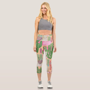 Watercolor llamas, cacti: seamless pattern. capri leggings