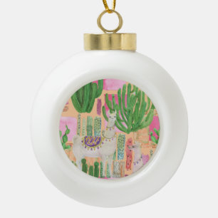 Watercolor llamas, cacti: seamless pattern. ceramic ball christmas ornament