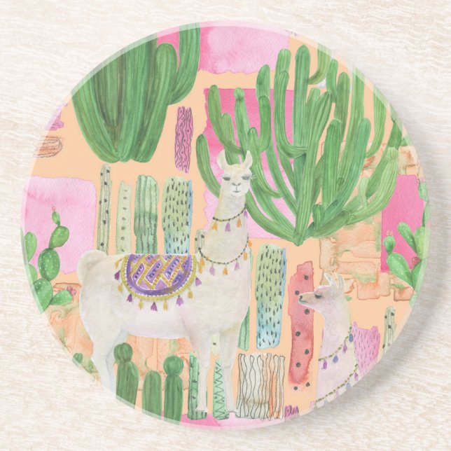 Watercolor llamas, cacti: seamless pattern. coaster (Front)