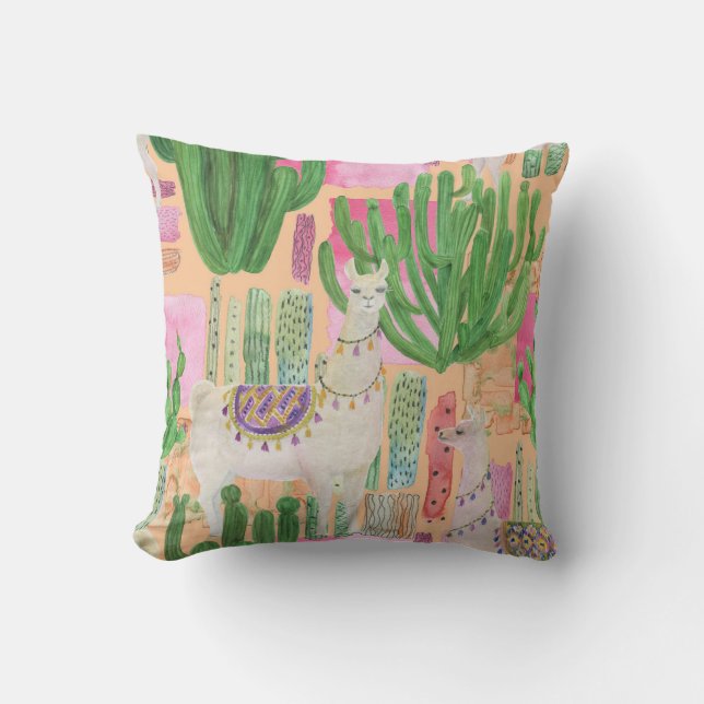 Watercolor llamas, cacti: seamless pattern. cushion (Front)