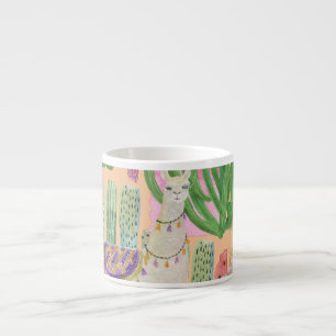 Watercolor llamas, cacti: seamless pattern. espresso cup