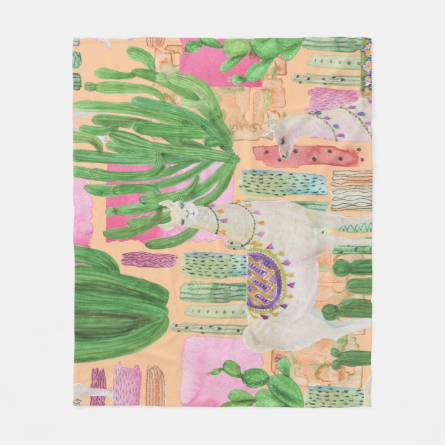 Watercolor llamas, cacti: seamless pattern. fleece blanket (Front)