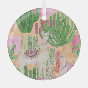 Watercolor llamas, cacti: seamless pattern. glass tree decoration