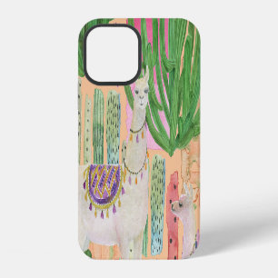 Watercolor llamas, cacti: seamless pattern. iPhone 12 case