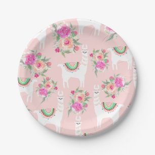 Watercolor Llama's on Coral pink Paper Plate