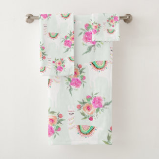 Watercolor Llama's on mint Bath Towel Set