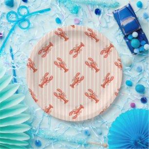 Watercolor Lobster Pattern on Soft Pink Stripes Paper Plate