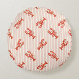 Watercolor Lobster Pattern on Soft Pink Stripes Round Cushion