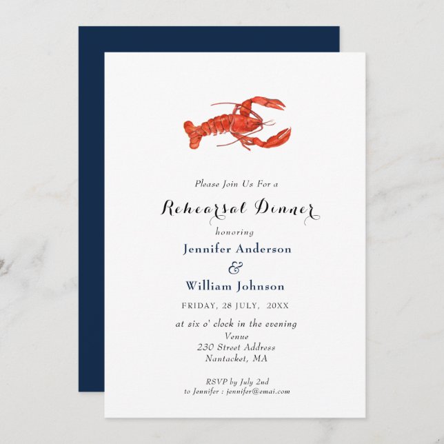 Watercolor Lobster  Rehearsal Dinner Invitation (Front/Back)