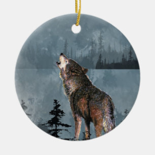 Watercolor Lonely Wolf Howling across Lake Ceramic Tree Decoration
