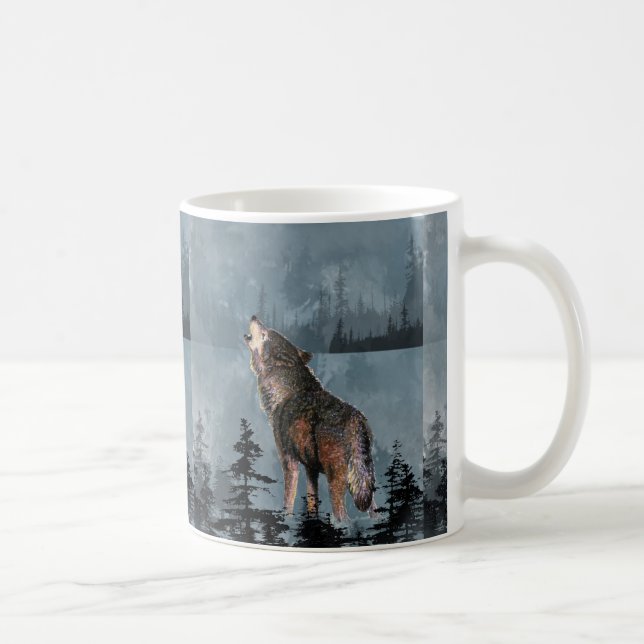Watercolor Lonely Wolf Howling across Lake Coffee Mug (Right)