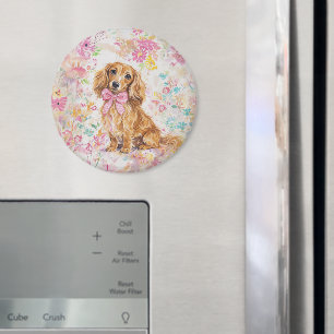 Watercolor Long Hair Dachshund Pastel Floral Magnet