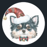 Watercolor Long Haired Chihuahua Santa Christmas Classic Round Sticker<br><div class="desc">Happy Howlidays! Add a festive accent to your cards,  invitations and envelopes with this customisable holiday sticker. It features a watercolor long-haired chihuahua wearing a Santa hat. Personalise this chihuahua holiday sticker by adding your details. This dog Christmas sticker is available on other cardstock.</div>