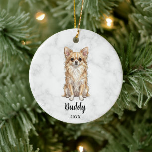Watercolor Long-Haired Fawn Chihuahua Dog Memorial Ceramic Ornament