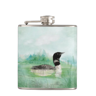 Watercolor Loon Wilderness Bird Nature Art Hip Flask
