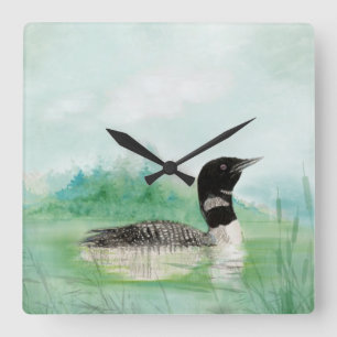 Watercolor Loon Wilderness Lake Bird Nature Art Square Wall Clock