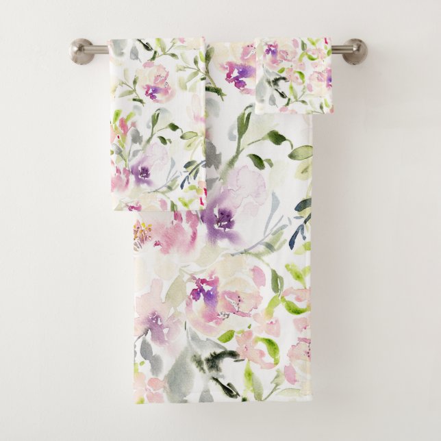 Watercolor loose expressive spring floral  bath towel set (Insitu)